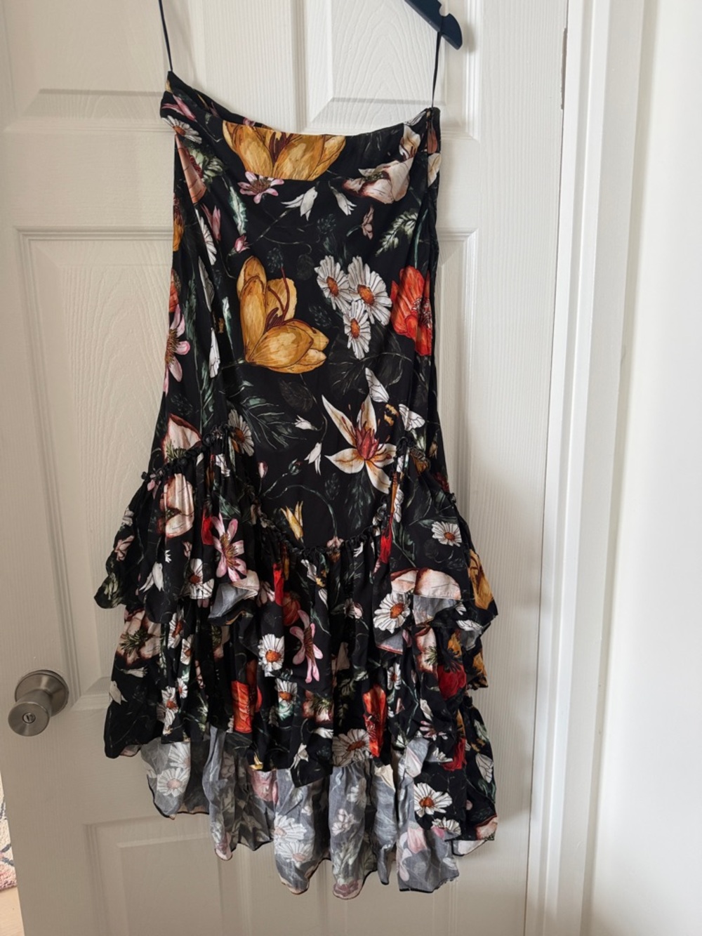 Black Floral Tiered Midi Skirt